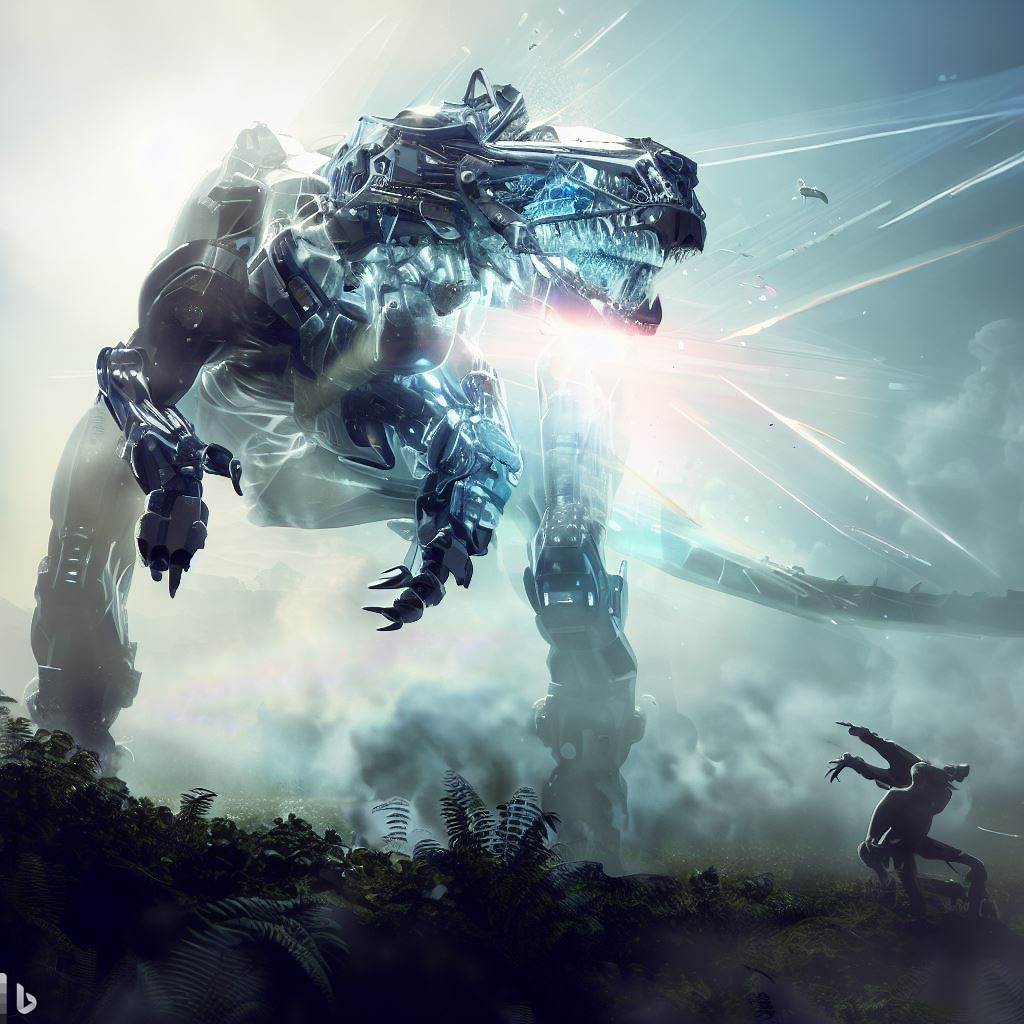 futuristic dinosaur mech with glass body being hunted, shatter, fauna in foreground, detailed smoke and clouds, lens flare, realistic, h.r. giger style 4.jpg
